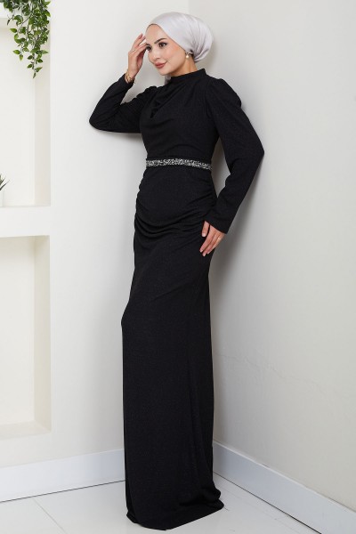 Tane Şık Taş Detaylı Tesettür Abiye - Siyah